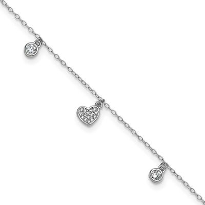 Cheryl M Polished CZ Heart 9.5 Inch with 1 Inch Extension Anklet Sterling Silver Rhodium-plated, QC