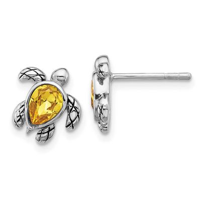Polished and Antiqued Yellow Crystal November Birthstone Turtle Earrings Sterling Silver Rhodium-pl