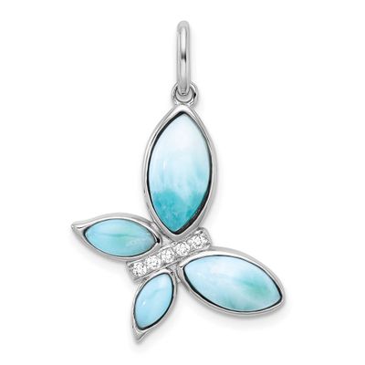 Polished Larimar and CZ Butterfly Pendant Sterling Silver Rhodium-plated, QC11568,
