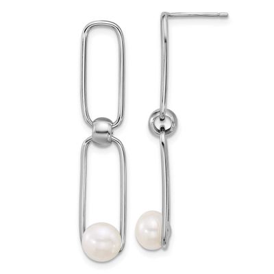6-7mm White Button Freshwater Cultured Pearl Link Post Dangle Earrings Sterling Silver Rhodium-plat