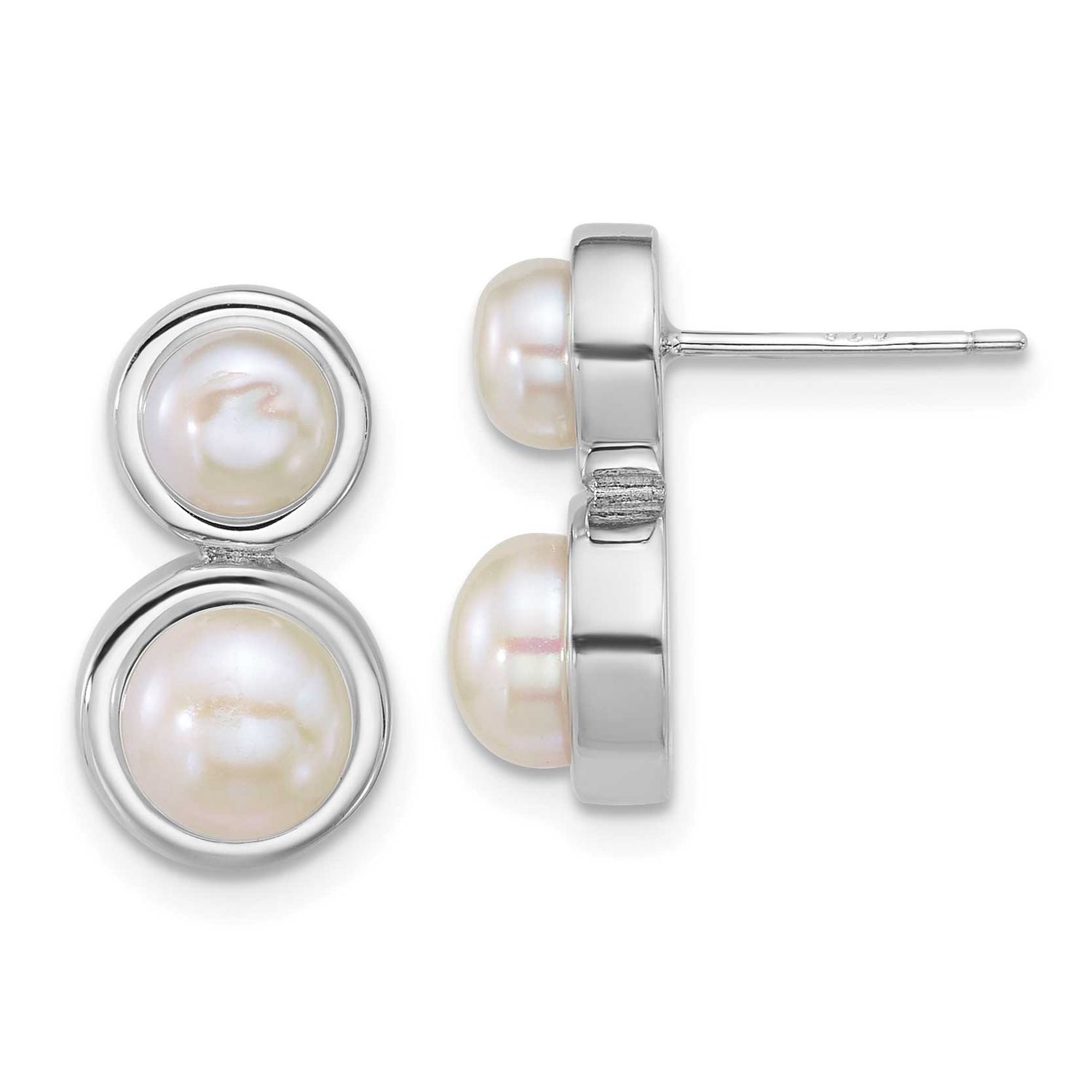 5-7mm White Button Freshwater Cultured Pearl Post Earrings Sterling Silver Rhodium-plated, QE18151,