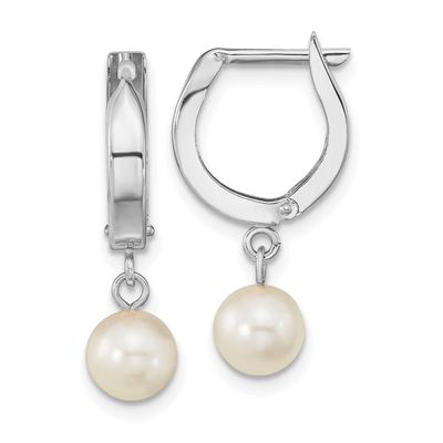 White 6-7mm Round Akoya Saltwater Cultured Pearl Dangle Hoop Earrings 14k Gold, XFW650E,