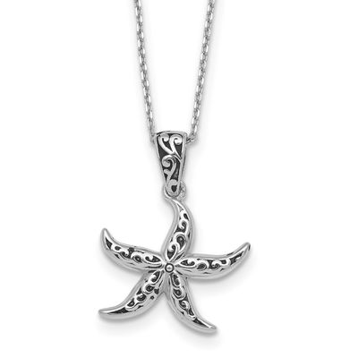 Polished/Oxidized Filigree Starfish 18in Necklace Sterling Silver Rhodium-plated, QG7116-18,