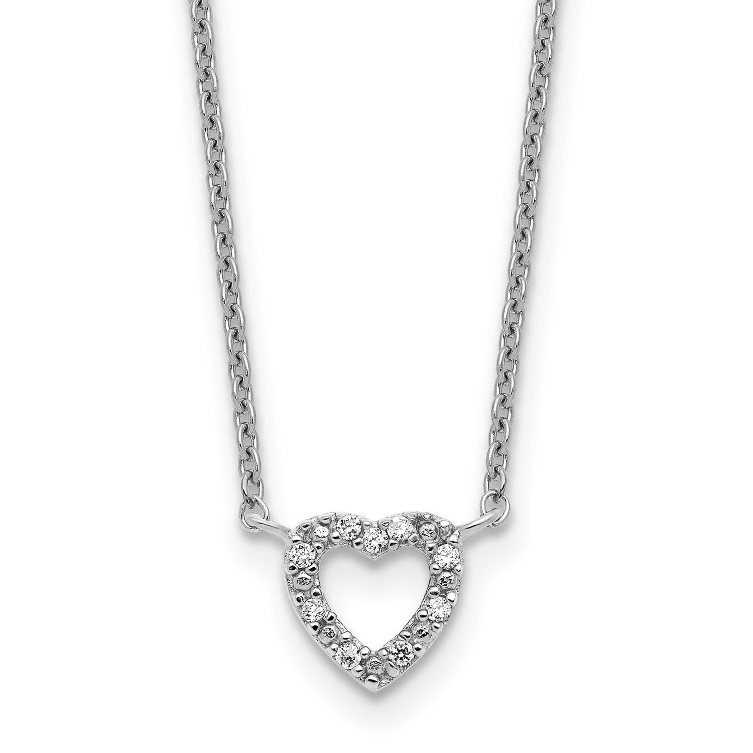 Cheryl M Polished CZ Open Heart 16 Inch with 2 Inch Extension Necklace Sterling Silver Rhodium-plat
