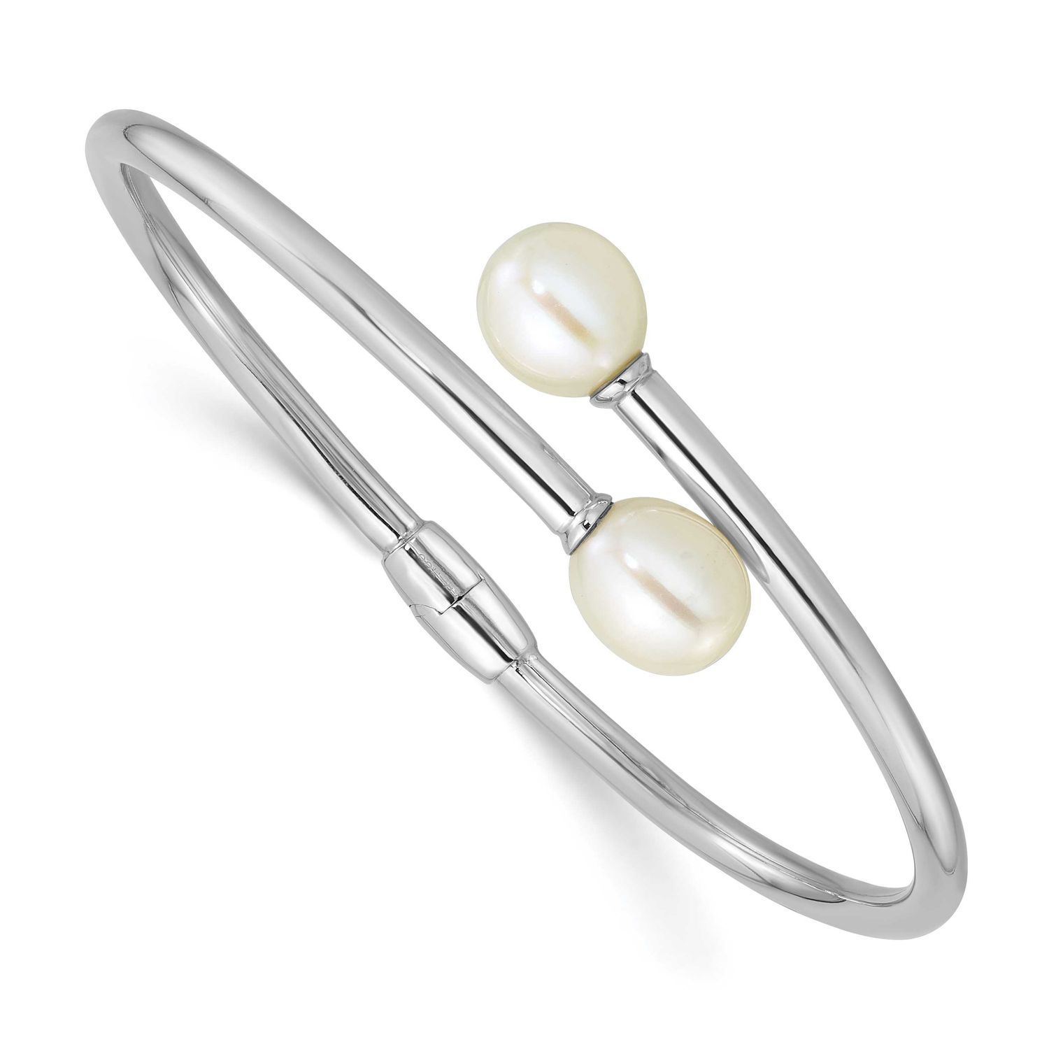 7-9mm White Teardrop Freshwater Cultured Pearl Hinged Bangle Sterling Silver Rhodium-plated, QH5840,
