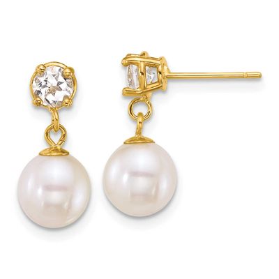 7-8mm White Round Freshwater Cultured Pearl and .64WT White Topaz Post Dangle Earrings 14k Gold, XF