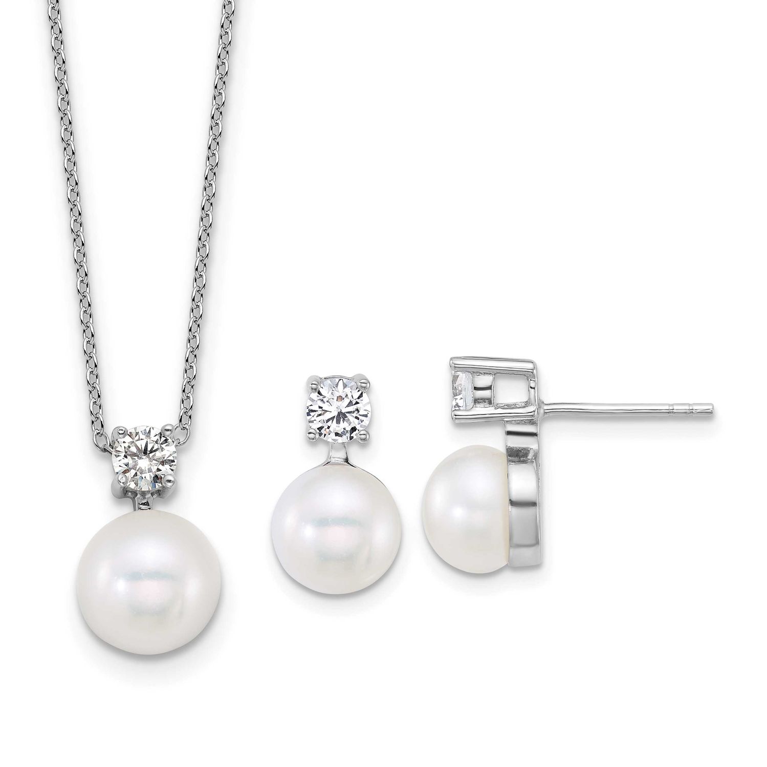 7-9mm White Button Freshwater Cultured Pearl and CZ 17 inch Necklace and Post Earrings Set Sterling