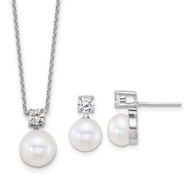 7-9mm White Button Freshwater Cultured Pearl and CZ 17 inch Necklace and Post Earrings Set Sterling