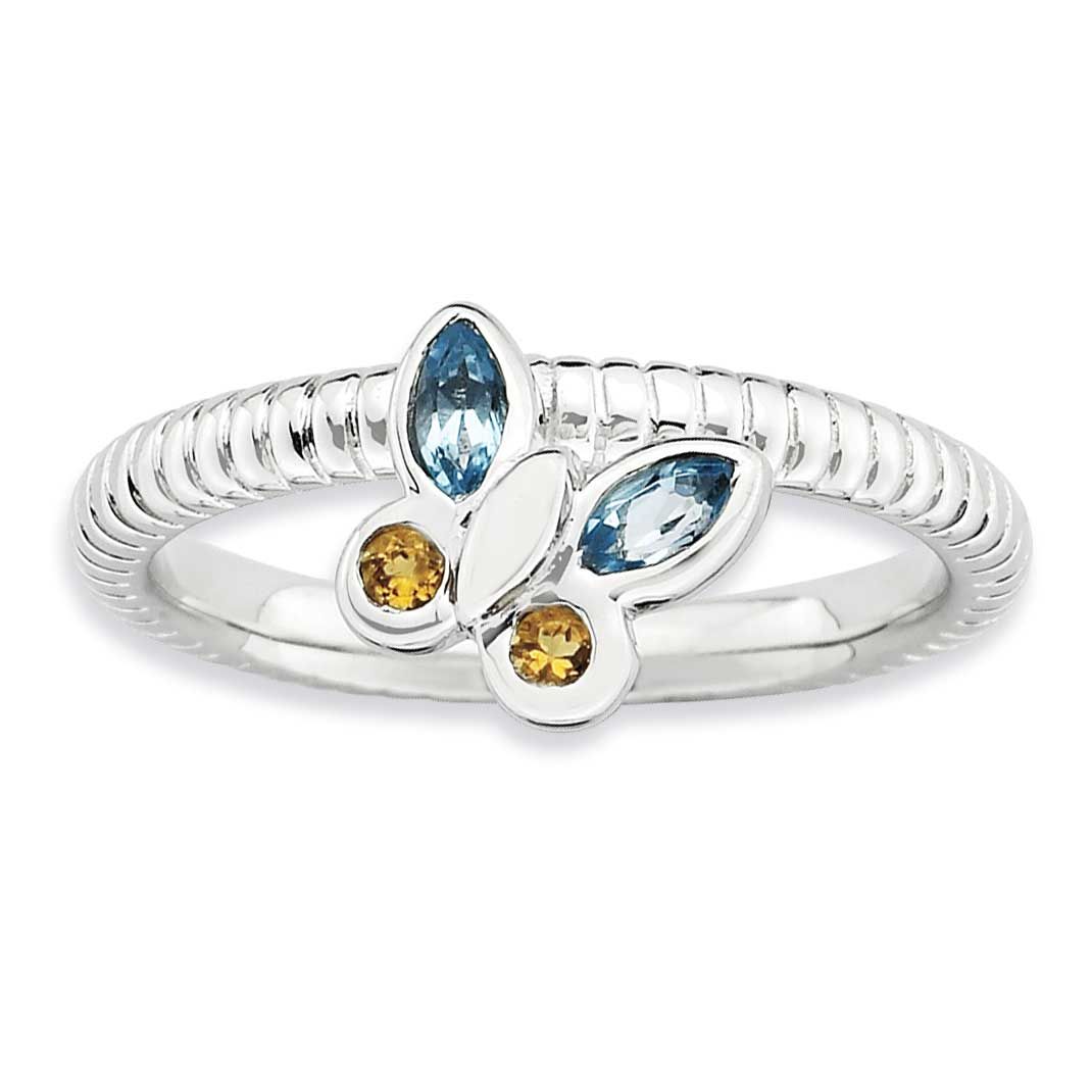 Blue Topaz &amp; Citrine Butterfly Ring Sterling Silver, QSK732-7, 886774223858