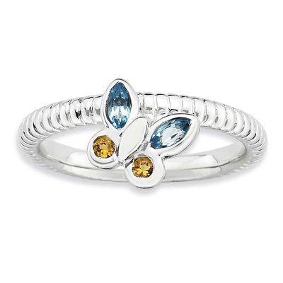 Blue Topaz &amp; Citrine Butterfly Ring Sterling Silver, QSK732-7, 886774223858