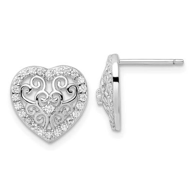 Cheryl M Polished CZ Filigree Heart Post Earrings Sterling Silver Rhodium-plated, QCM1869,
