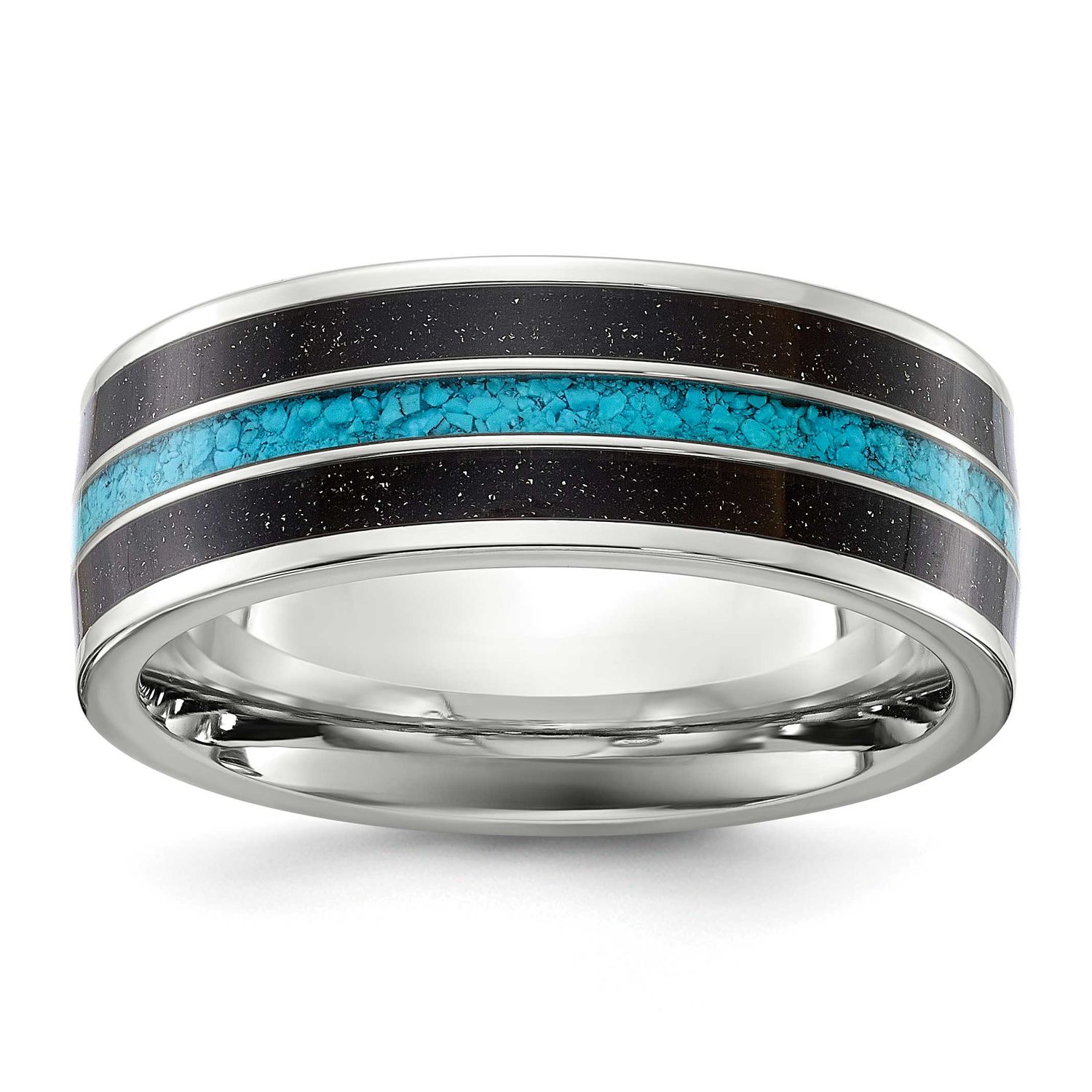 Turquoise and Black Star Sandstone Inlay 8mm Band Titanium Polished, TB536-8.5, 196904297148