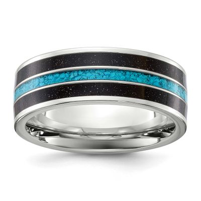 Turquoise and Black Star Sandstone Inlay 8mm Band Titanium Polished, TB536-8.5, 196904297148
