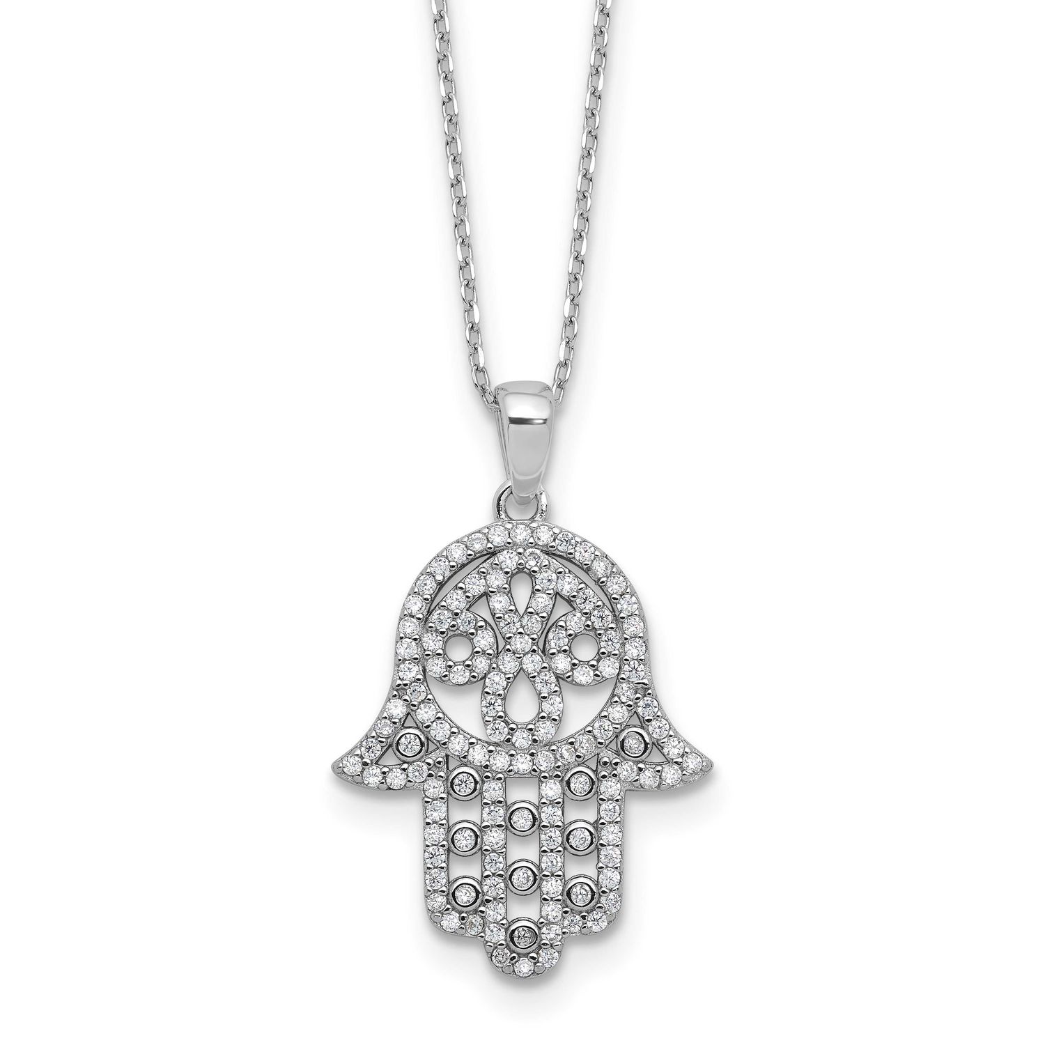 Cheryl M Polished CZ Hamsa Necklace Sterling Silver Rhodium-plated, QCM1794-18, 196904278659