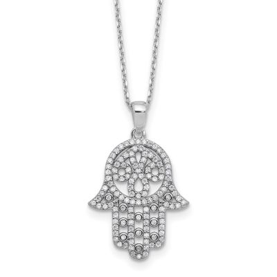 Cheryl M Polished CZ Hamsa Necklace Sterling Silver Rhodium-plated, QCM1794-18, 196904278659