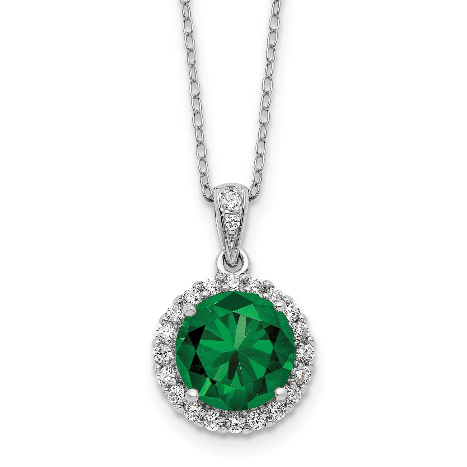 Cheryl M Polished Green and White CZ Halo Circle 16 Inch with 2 Inch Extension Necklace Sterling Si