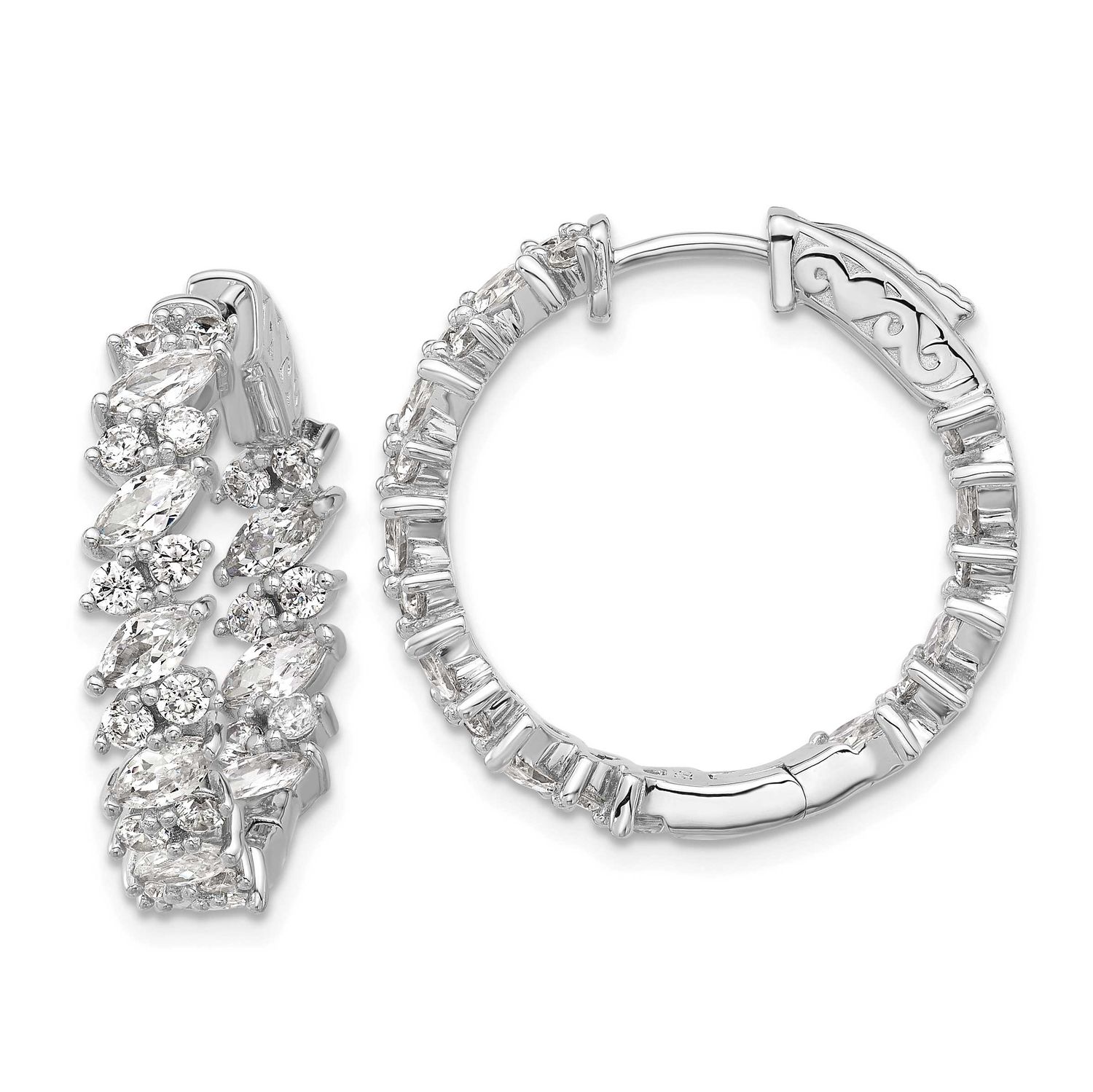 CZ 54 Stone In and Out Hinged Hoop Earrings Sterling Silver Rhodium-plated, QSH138, 196904346532