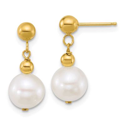 Polished 7-8mm Semi-Round Freshwater Cultured Pearl Post Dangle Earrings 10k Gold, 10XF921E,