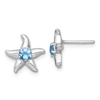Polished Round Light Swiss Blue Topaz Starfish Post Earrings Sterling Silver Rhodium-plated, QE1832
