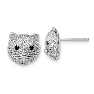 Cheryl M Polished Black and White CZ Cat Post Earrings Sterling Silver Rhodium-plated, QCM1868,