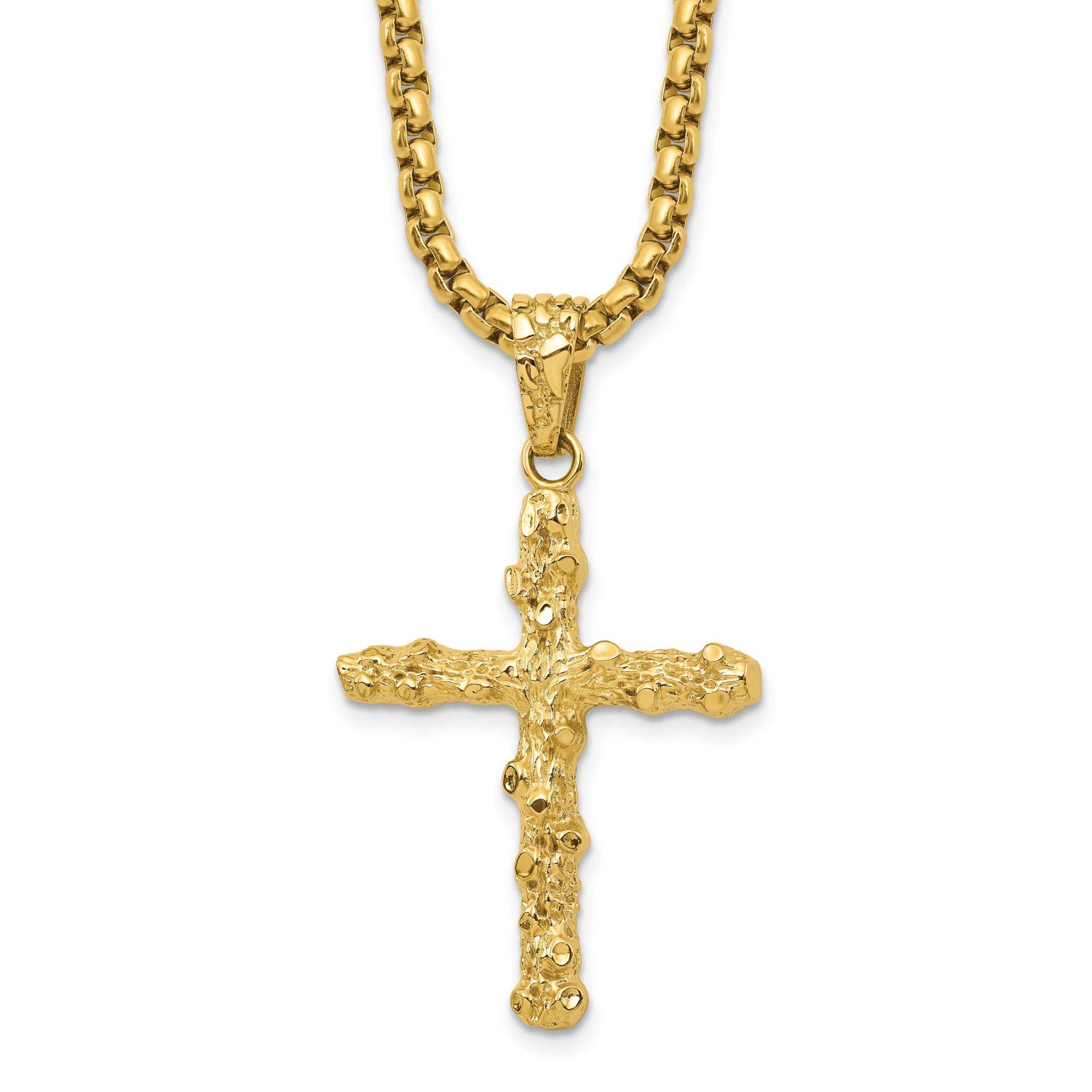 Textured Yellow IP-plated Nugget Cross Pendant on a 22 inch Box Chain Necklace Stainless Steel Poli