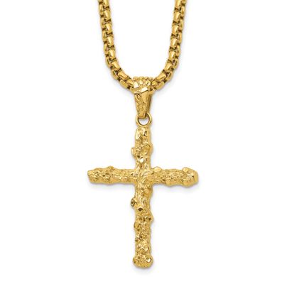 Textured Yellow IP-plated Nugget Cross Pendant on a 22 inch Box Chain Necklace Stainless Steel Poli