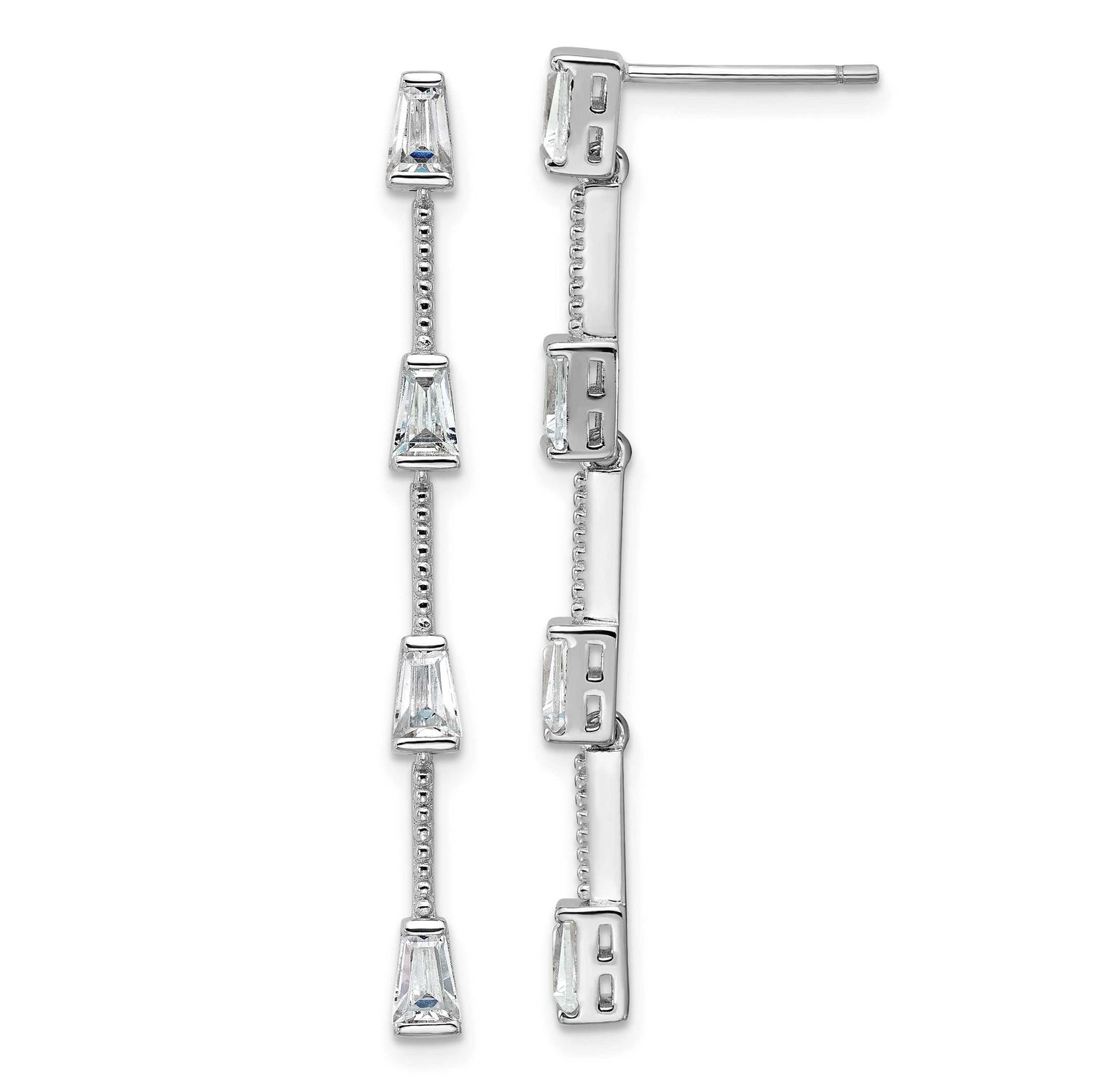Cheryl M Polished and Beaded CZ Post Dangle Earrings Sterling Silver Rhodium-plated, QCM1799, 19690