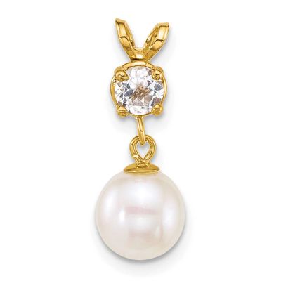 7-8mm White Round Freshwater Cultured Pearl and .32WT White Topaz Pendant 14k Gold, XF878/WT,