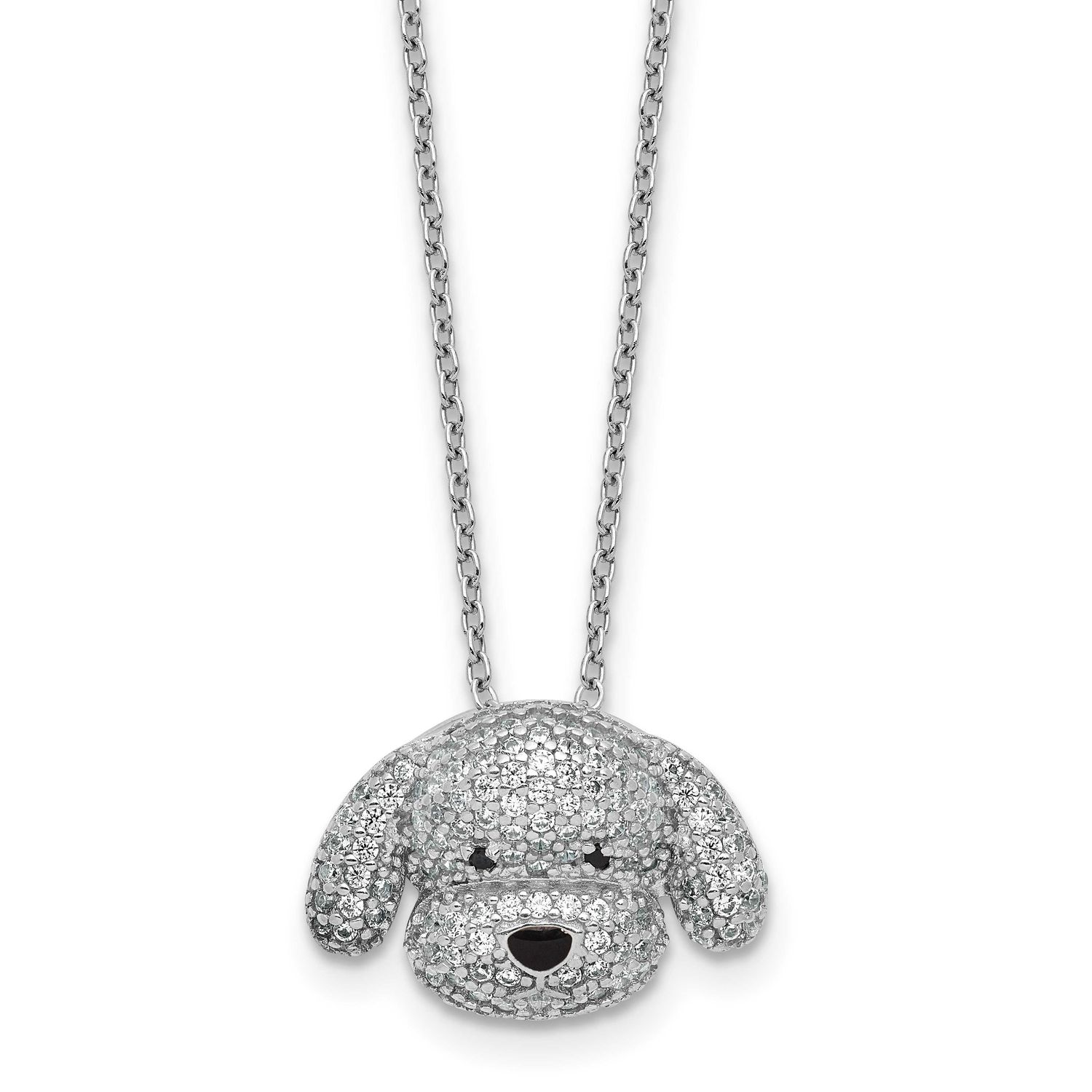 Cheryl M Polished and Enameled Black and White CZ Dog 16 Inch with 2 Inch Extension Necklace Sterli