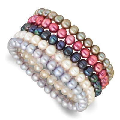 6-7mm Multicolor Semi-round Freshwater Cultured Pearl Stretch Bracelet 5-piece Set , QH5838,