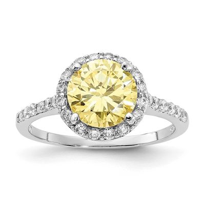 Cheryl M Polished Yellow and White CZ Round Halo Ring Sterling Silver Rhodium-plated, QCM1937-8,