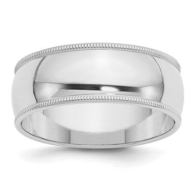 8mm Half Round Milgrain Ring Sterling Silver Rhodium-plated, QWM080RH-13.5,