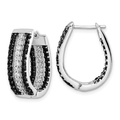 Cheryl M Polished Black and White CZ Oval In and Out Hoop Earrings Sterling Silver Rhodium-plated,