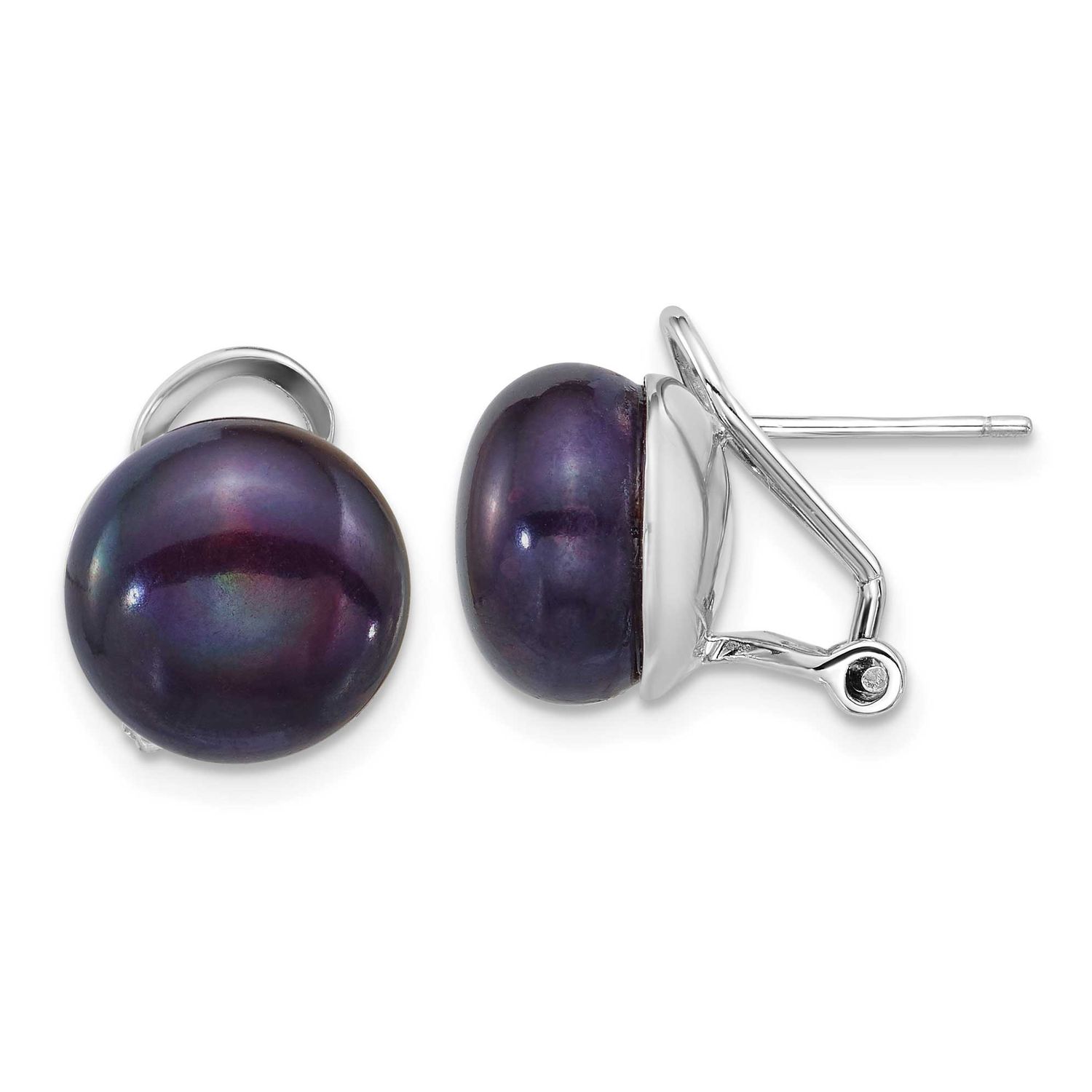 11-12mm Black Button Freshwater Cultured Pearl Omega Back Earrings Sterling Silver Rhodium-plated,