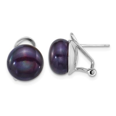 11-12mm Black Button Freshwater Cultured Pearl Omega Back Earrings Sterling Silver Rhodium-plated,