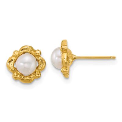 4-5mm White Button Freshwater Cultured Pearl Post Earrings 14k Gold Polished, XF899E,
