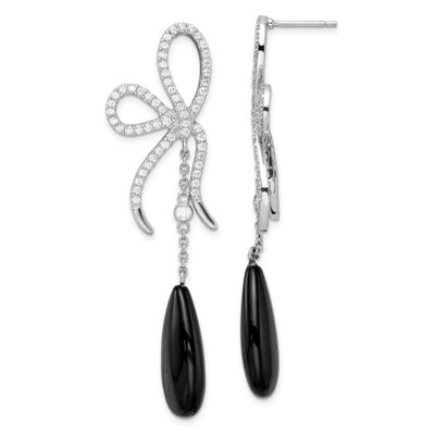 Cheryl M Polished Fancy Onyx and CZ Bow Post Dangle Earrings Sterling Silver Rhodium-plated, QCM184