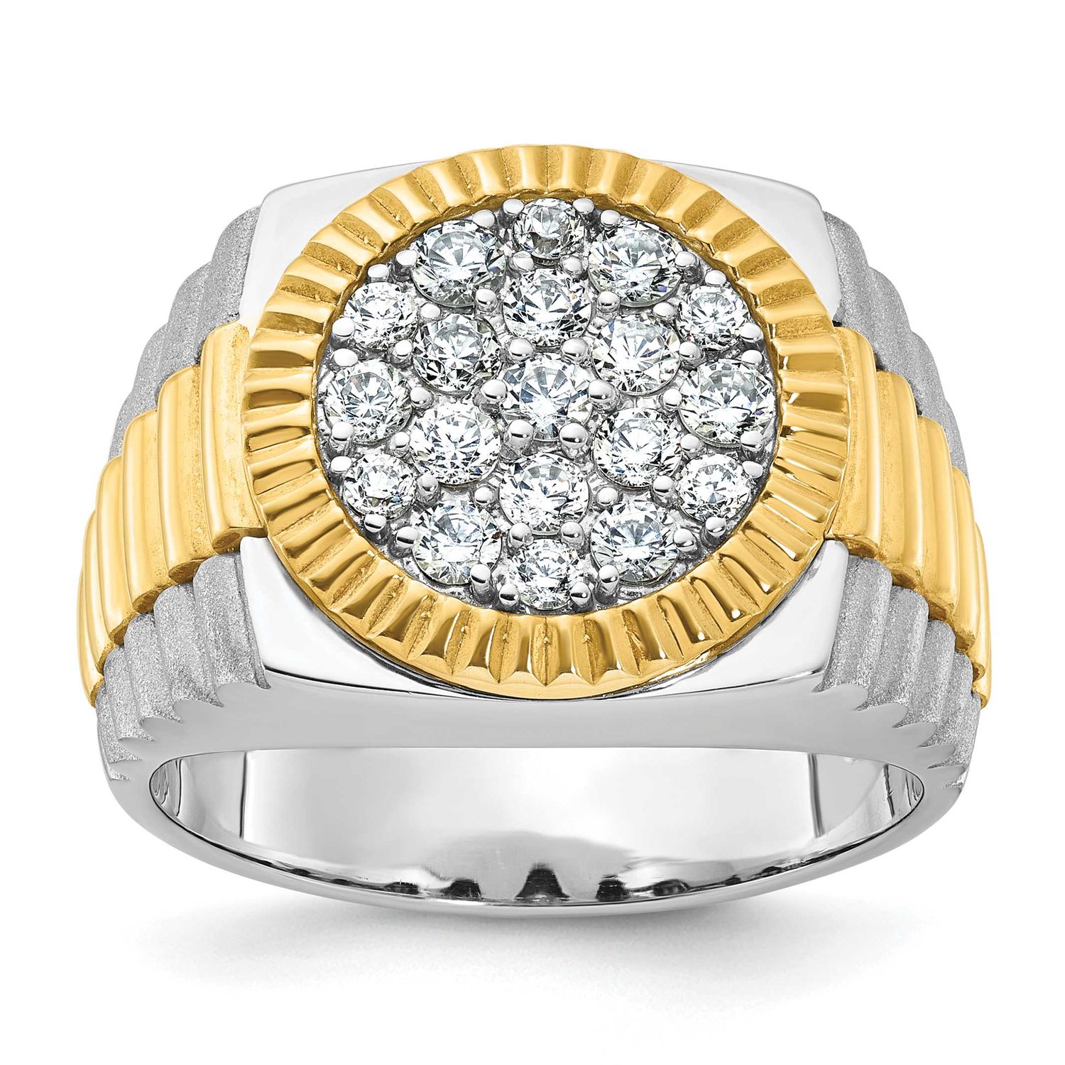IBGoodman Men&#39;s Polished Satin and Ribbed 1 1/8 Carat Lab Grown Diamond Round Cluster Ring 14k Two-
