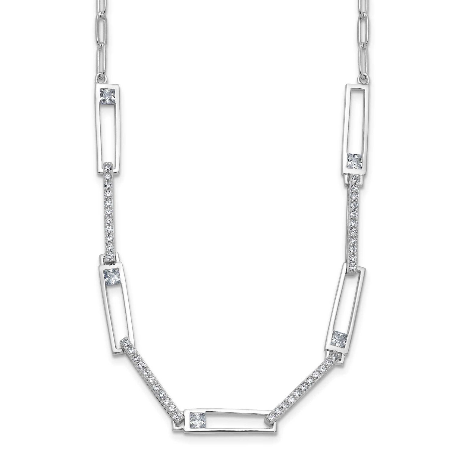 Cheryl M Polished Fancy CZ Rectangular and Paperclip Link Necklace Sterling Silver Rhodium-plated,