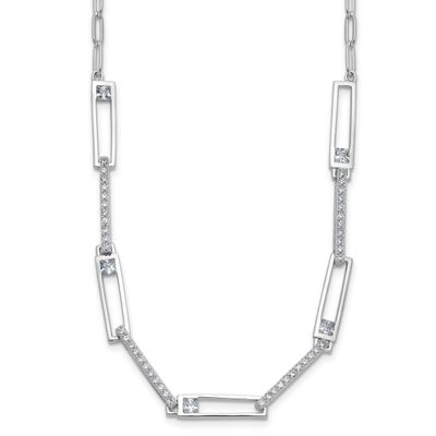 Cheryl M Polished Fancy CZ Rectangular and Paperclip Link Necklace Sterling Silver Rhodium-plated,
