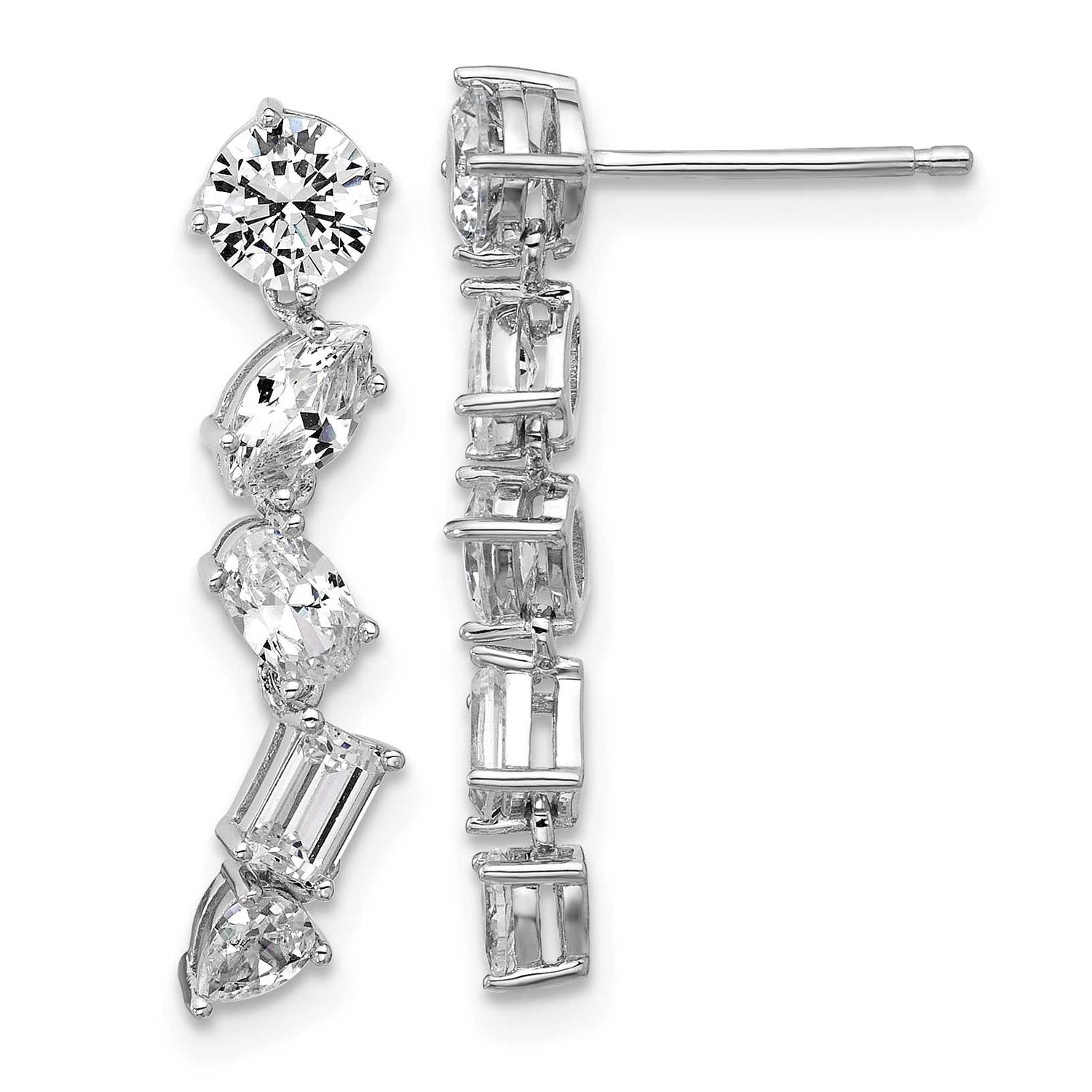 Cheryl M Polished Fancy Multi-cut CZ Post Dangle Earrings Sterling Silver Rhodium-plated, QCM1688,