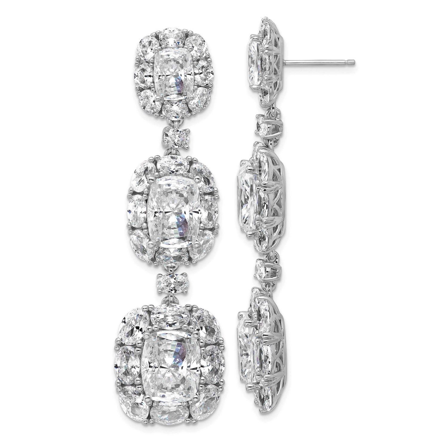 Cheryl M Polished Fancy Cushion-cut CZ Halo Cluster Post Dangle Earrings Sterling Silver Rhodium-pl