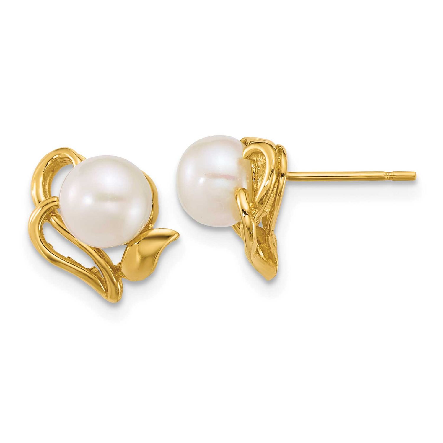 6-7mm White Button Freshwater Cultured Pearl Flower Post Earrings 14k Gold Polished, XF893E,