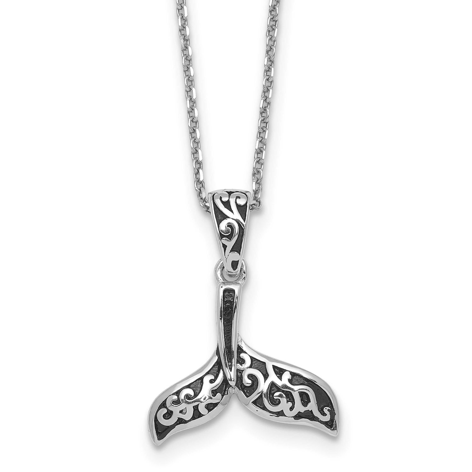 Polished Oxidized Filigree Whale Tail 18in Necklace Sterling Silver Rhodium-plated, QG7130-18,