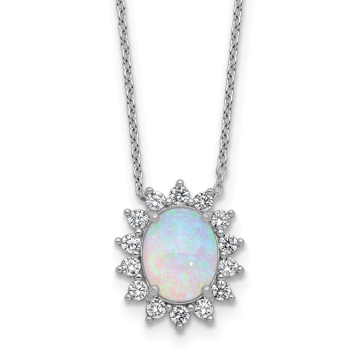 Cheryl M Polished Created Opal and CZ Oval Halo Necklace Sterling Silver Rhodium-plated, QCM1807-18