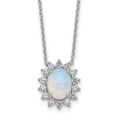 Cheryl M Polished Created Opal and CZ Oval Halo Necklace Sterling Silver Rhodium-plated, QCM1807-18