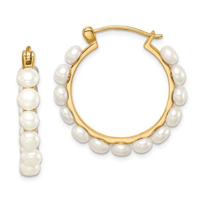 4-5mm White Button Freshwater Cultured Pearl Hoop Earrings Sterling Silver Gold-plated, QE12753GP,