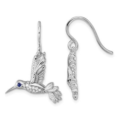 White Ice Diamond and Sapphire Humming Bird Earrings Sterling Silver Rhodium-plated, QW585,