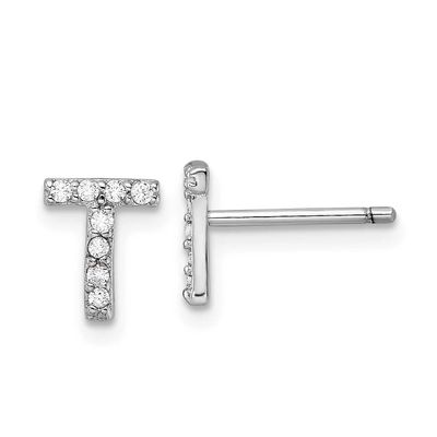 Cheryl M Polished Letter T CZ Initial Post Earrings Sterling Silver Rhodium-plated, QCM1867T,