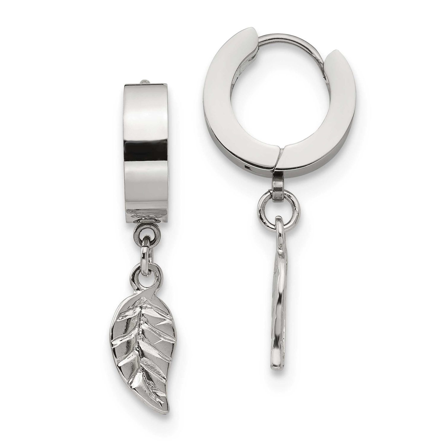 Leaf Dangle Hinged Hoop Earrings Stainless Steel Polished, SRE1319, 191101499517